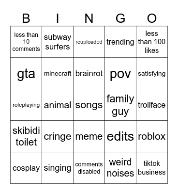 youtube shorts bingo Card