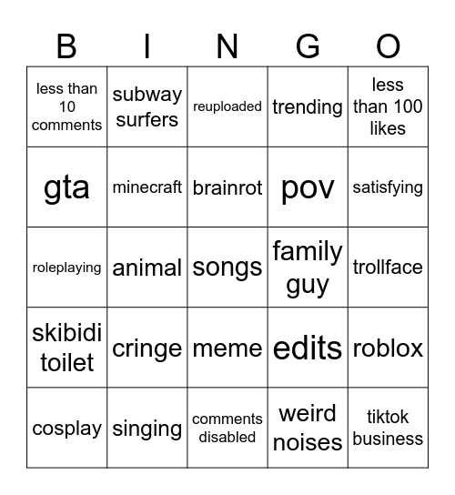 youtube shorts bingo Card