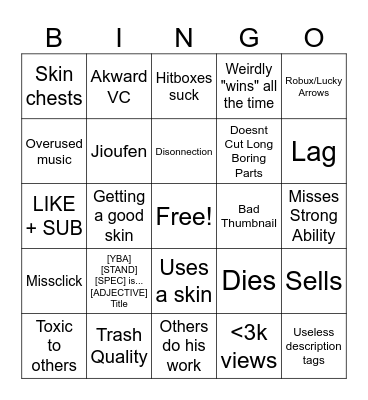 Memo YBA Brainrot Bingo Card