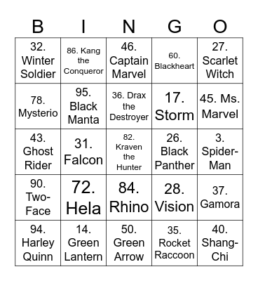 Heroes Bingo Card