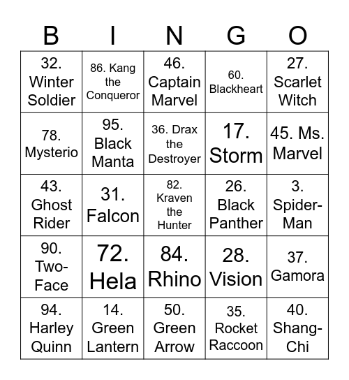 Heroes Bingo Card