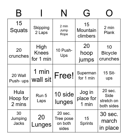 Fitness Bingo!! Bingo Card