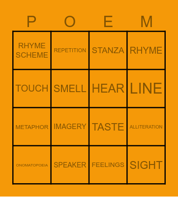 Imagery and Poetry Elements Bingo Card