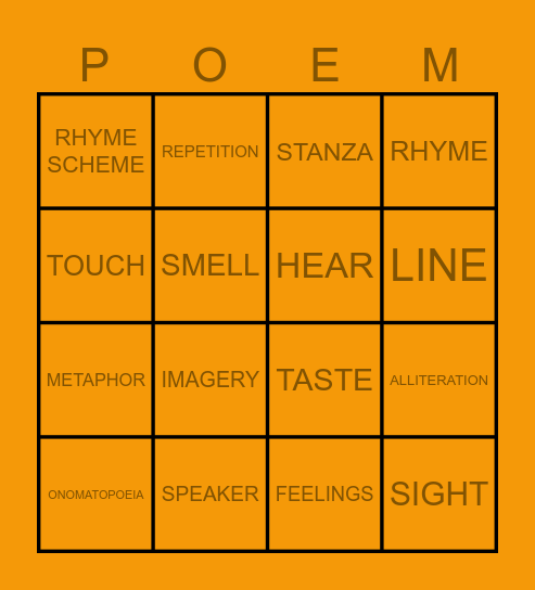 Imagery and Poetry Elements Bingo Card