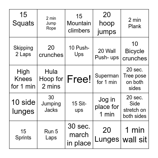 Fitness Bingo!! Bingo Card