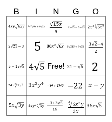 Algebra 2: 5.1-5.3 Review Bingo Card