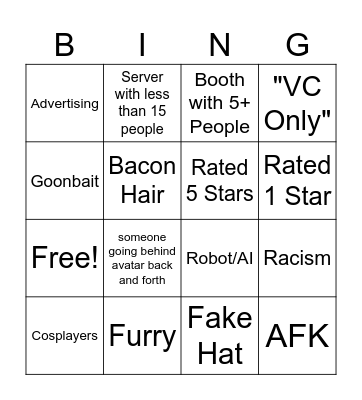 Rate My Avatar Bingo Card