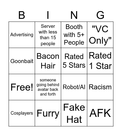 Rate My Avatar Bingo Card