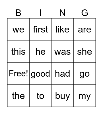 Sight Words 1 Bingo Card