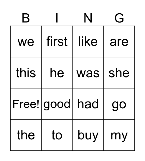 Sight Words 1 Bingo Card