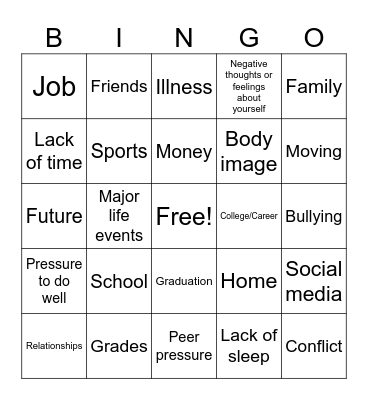 Stressors Bingo Card