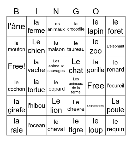 Les animaux! Bingo Card