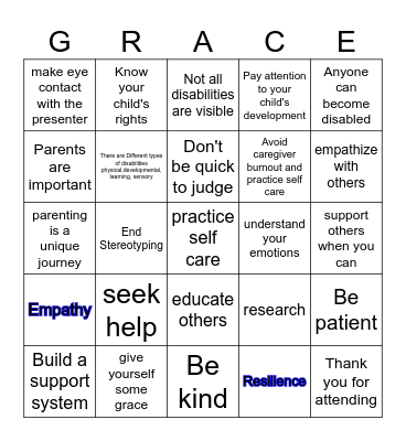 Parenting a child with a Disabilty Bingo Card