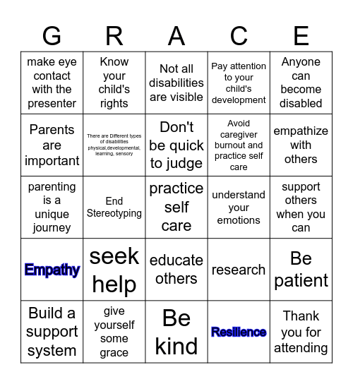 Parenting a child with a Disabilty Bingo Card