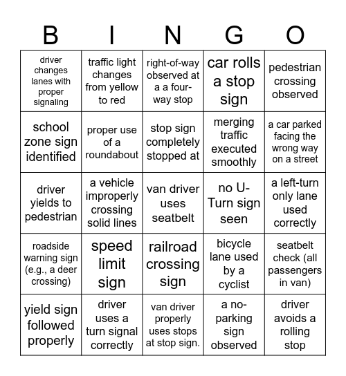 Driving Bingo Card