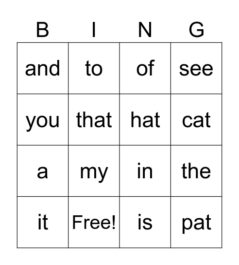 Sight Word Bingo Card