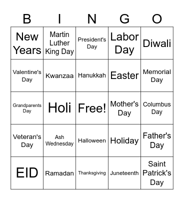 ASL Holidays Bingo Card