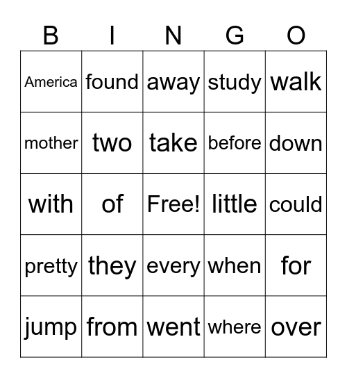 Sight words Bingo Card