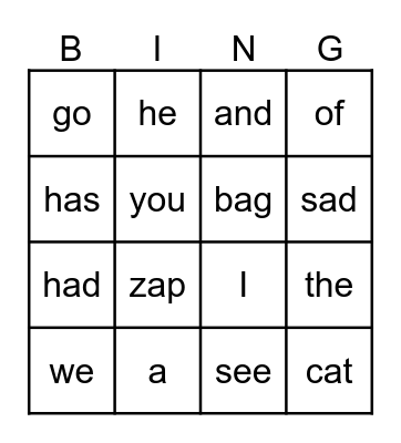Sight Word Bingo Card