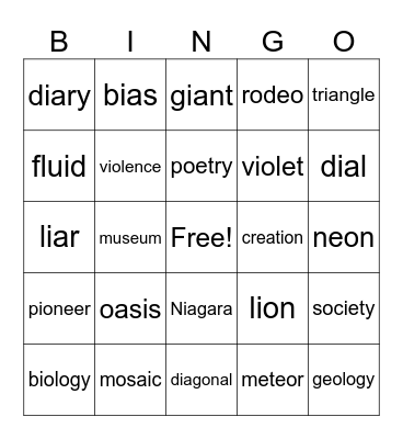 V/V Bingo Card