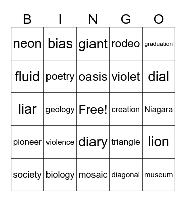 V/V Bingo Card