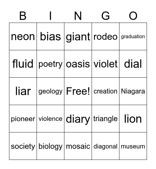 V/V Bingo Card