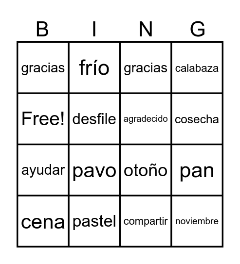 Acción de gracias Bingo Card