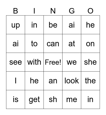 sight words Bingo Card