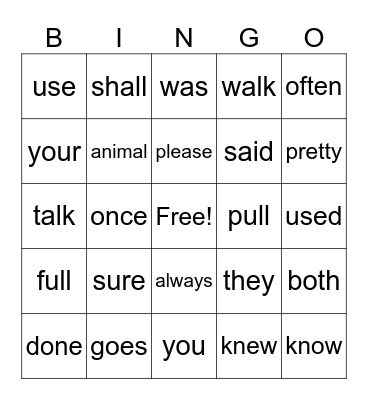 Trick Words Bingo Card