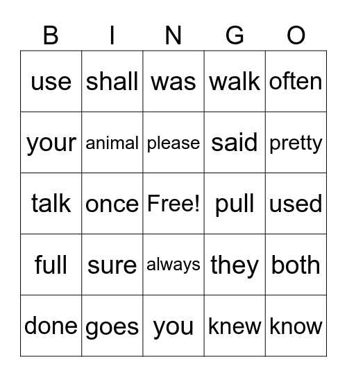 Trick Words Bingo Card