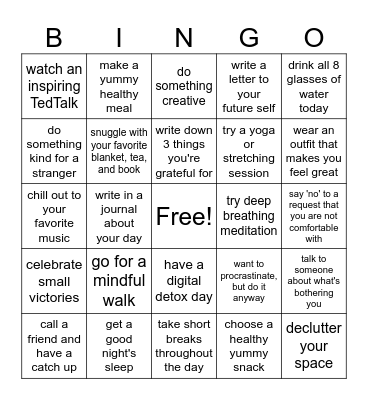 Self Care Bingo Card
