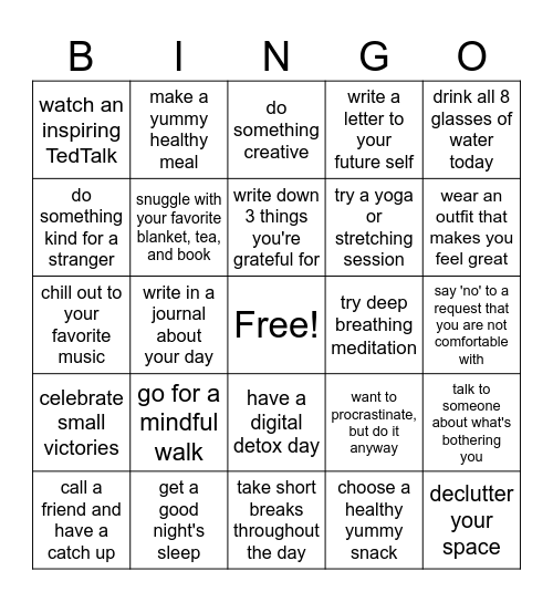 Self Care Bingo Card