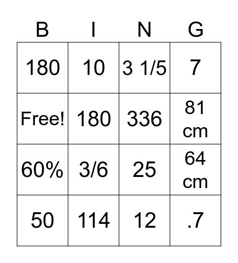 Math Bingo Card