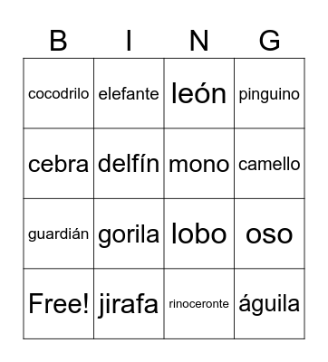 Zoo Animals Bingo Card