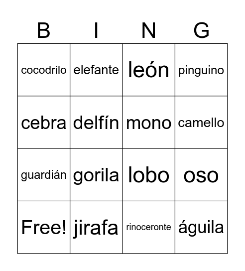 Zoo Animals Bingo Card