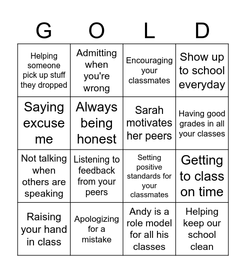 GOLD Bingo Card