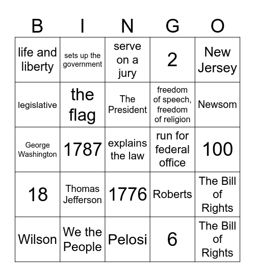 100 Civics Questions Bingo Card