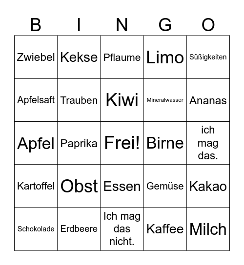 Essen und Getränk Bingo Card
