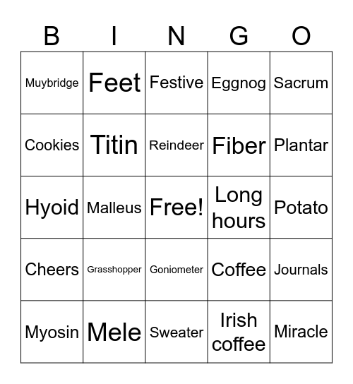 Biomechanics Holiday Bingo Card