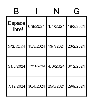 Quelle est la date? Bingo Card