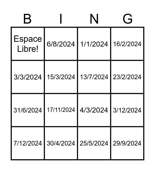 Quelle est la date? Bingo Card