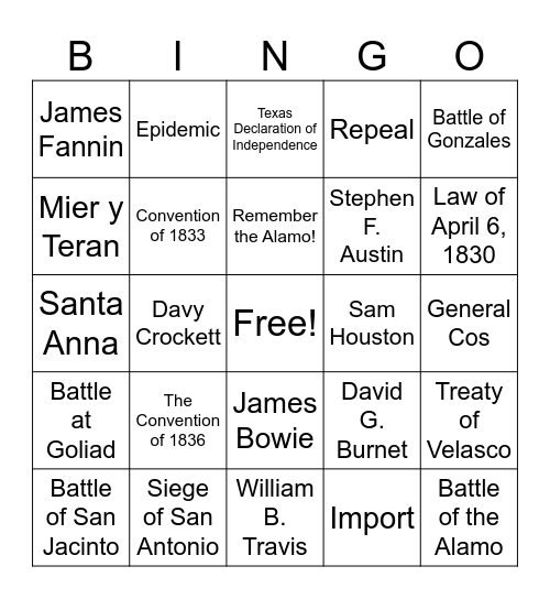 Texas Revolution Bingo Card