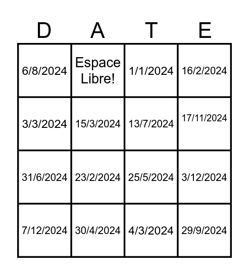 Quelle est la date? Bingo Card