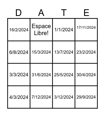 Quelle est la date? Bingo Card