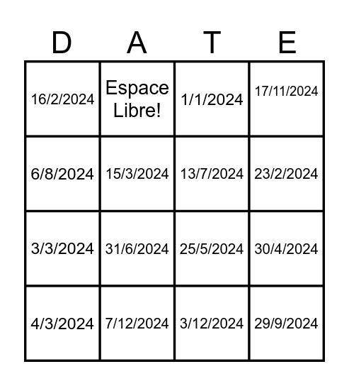 Quelle est la date? Bingo Card