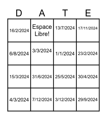 Quelle est la date? Bingo Card