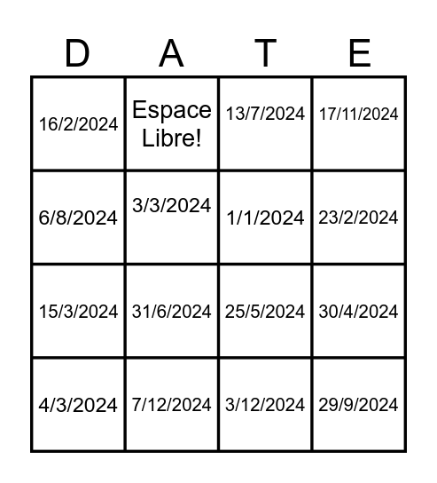 Quelle est la date? Bingo Card