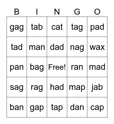 Short A CVC Words Bingo Card