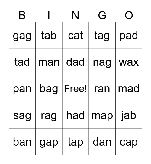 Short A CVC Words Bingo Card