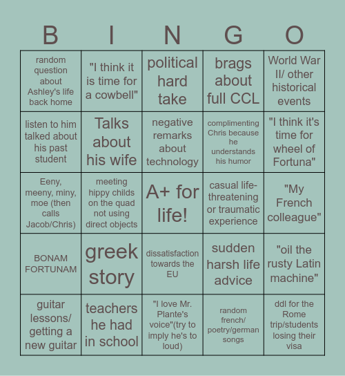 Dr. Markey Bingo Card